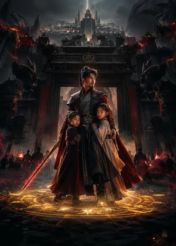 和离后我带女儿横扫魔域封面：父亲与两个女儿站在玄幻城域法阵前
